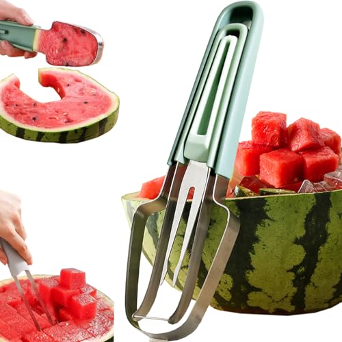 Hendiy Watermelon Cutter, 3-in-1 Watermelon Cutter Slicer Tool Stainless Steel Fruit Cutter Fork Watermelon Popsicle Cutter Set, Watermelon Slicer Kitchen Gadgets, Mint Green