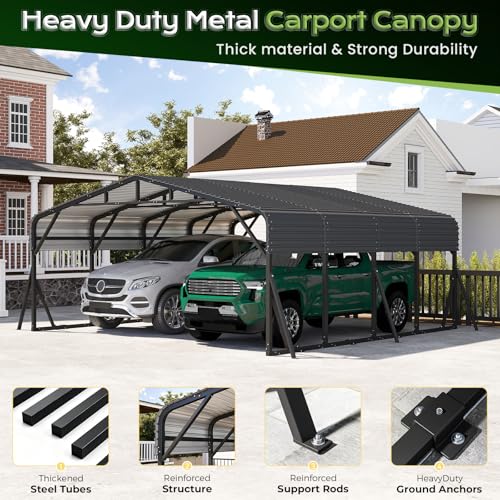 Image of Jocoevol 20x20FT Heavy Duty Metal Carport, Outdoor Car Garage with Support Rods & Windproof Ground Anchors, All-Season Versatile Canopy Tent for 2 Car, Boats, Truck