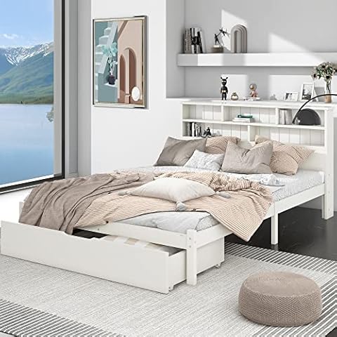 Wooden Bed with Shelves, White Wooden Storage Bed, Underbed Drawer, Headboard with Bookcase, Ideal for Any Room (4FT6 Double) Cover