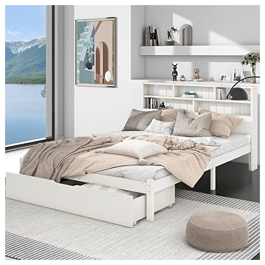 HESHU Wooden Bed with Shelves, White Wooden Storage Bed, Underbed Drawer, Headboard with Bookcase, Ideal for Any Room (3FT Single) 33 HESHU Wooden Bed with Shelves, 135X190 cm White Wooden Storage Bed, Underbed Drawer, Headboard with Bookcase, Ideal for Any Room (4FT6 Double)