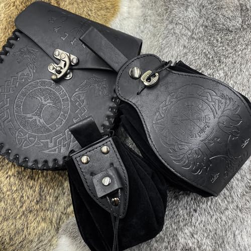 Image of EpicCos 3 PCs Medieval Faux Leather Belt Bag Set, Renaissance Drawstring Pouch Dice Bag, Vintage Side Pack Coin Purse for LARP (Black A)