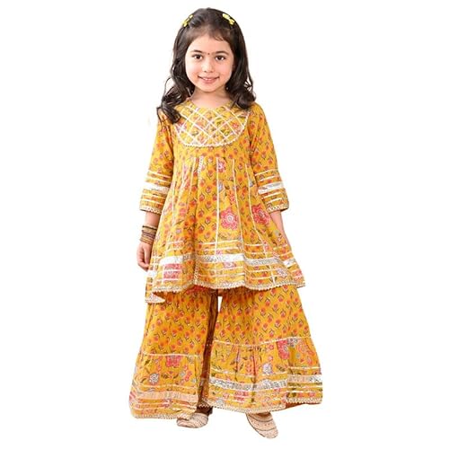 Superminis Girls Cotton Floral Printed Gotta Work 3/4 Sleeves Flared Design Kurti & Sharara Set (18-24 Months, Mustard)