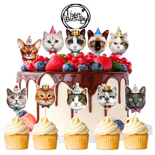 SEPSCO Cat Cake Decorations Topper, 11Pcs Kitten Cupcake Decoration Happy Birthday Personalised Cake Toppers Cute Cats Theme Party Picks Reusable Decor for Animal Pet Birthday Cat Enthusiasts Kids