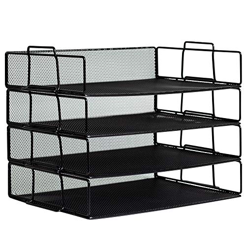 Klickpick Office 4 Tier Stackable Heavy Duty Metal Desktop Letter Tray File Organizer Sorter Desk Document Organizer Shelf Tray Magazine Holder Paper File Newspaper Organizer Tray - Black (Black)
