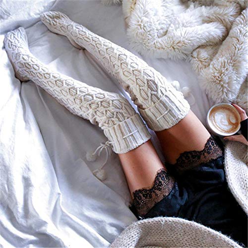 LIUYUNN Fuzzy Socks for Women,Winter Thigh-High Warm Sockings Knitted Cable Over Knee Long Boot Girls Ladies Autumn Winter Sockings Xmas Gift for Women Girls,Beige,One Size