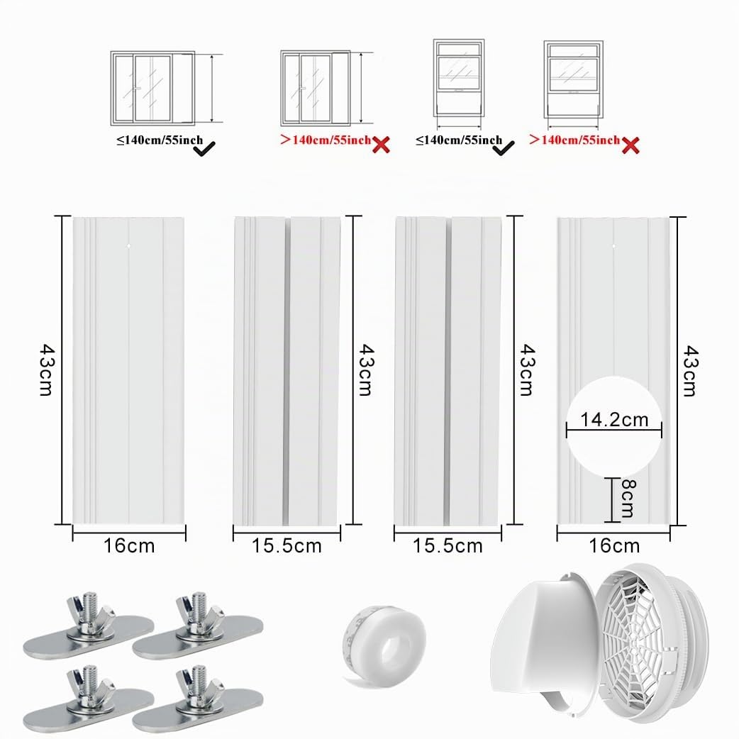 Kit d'évent de fenêtre de climatiseur - pour Tuyau d'évacuation de 13cm et 15cm, pour fenêtre Verticale et Horizontale de 43-140cm, Adaptateur de Tuyau d'évent de climatiseur - sans Tuyau