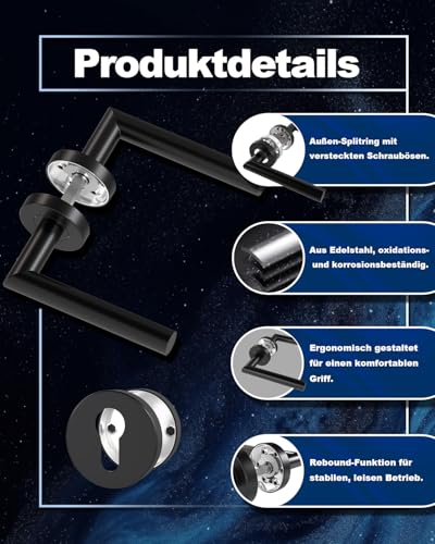 DIYGEEK Türgriffe Innentüren, Türklinke Schwarz Pulverbeschichtet für Drückergarnitur/Rosettengarnitur Zimmertür, Türgriff-Set Edelstahl mit Rosette Ø 52 mm PZ-Profilzylinder, L-Form