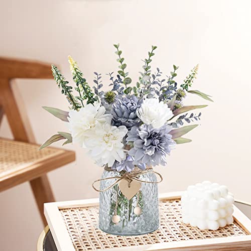 Nadong Fake Flowers With Vase, Artificial Flowers In Vase, Table Centerpieces For Dining Room, Silk Flower Arrangements Set, Living Room Bathroom Plants Decor, Dining Table Centerpieces (White+Blue) #TOP6