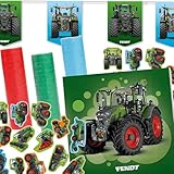 Kit de décoration « FENDT TRAKTOR » pour anniversaire d'enfant, fête à thème et fête | 71 pièces avec serviettes + confettis + guirlande de fanions + ballons | Décoration de fête ferme