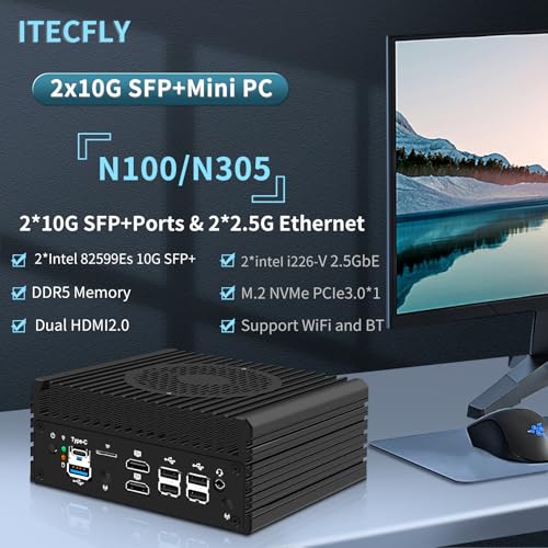 Image of Firewall Mini PC 2x10G SFP+ Ports,Alder Lake i3-N305(8C /8T,up to 3.8GHz) 2X i226-V 2.5GbE Mini Soft Router,SODIMM DDR5+M.2 NVMe SSD /2HDMI /USB2.0 /USB3.2Gen1 /Type-C Mini Desktop Computer