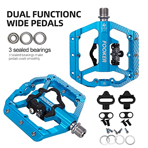 Fooker Mtb Mountain Bike Pedals 3 Bearing Flat Platform Compatible With Spd Dual Function Sealed Clipless Aluminum 9/16" Pedals With Cleats For Road (Blue 3 Bearings) #TOP3