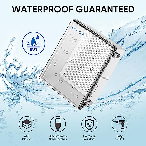 Image of TICONN Outdoor Electrical Box Waterproof, Junction Box IP67 ABS Plastic Enclosure with Hinged Cover with Mounting Plate, Wall Brackets, Cable Glands (Clear, 17.7 inchx13.8 inchx7.9 inch)