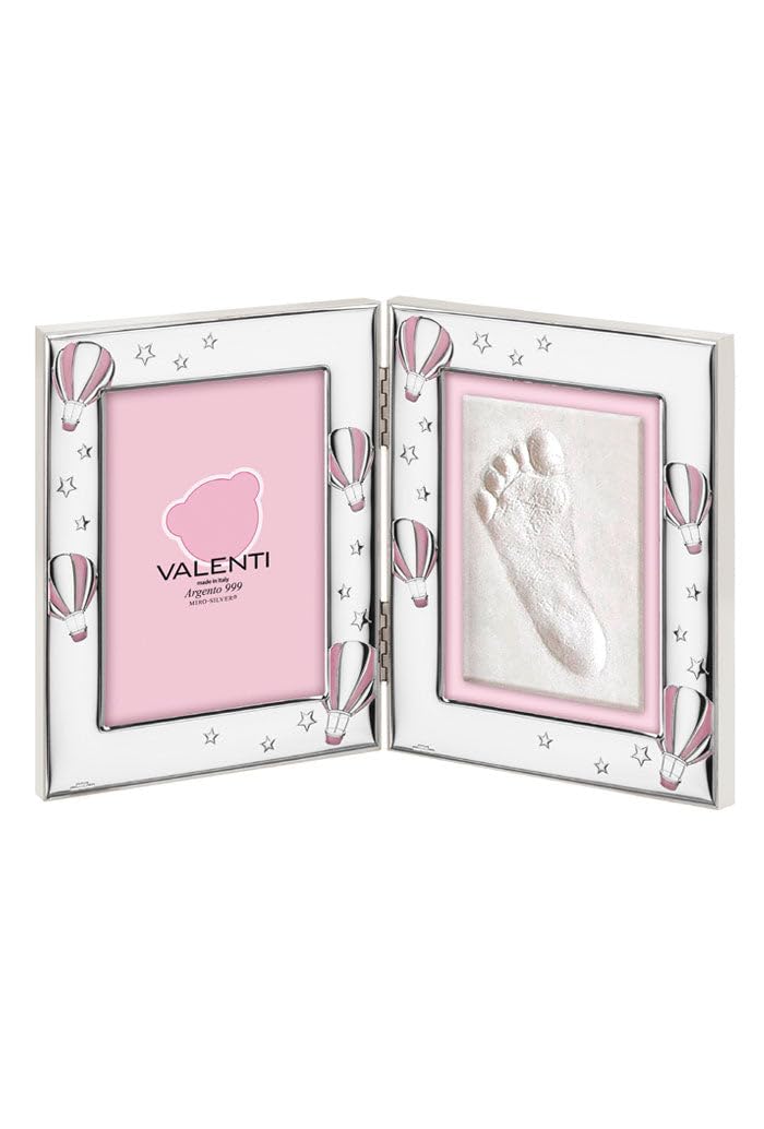 SHALOM - Portafoto in Argento con Kit per Impronte Neonata, Rosa. Dimensioni 15x18 Cm