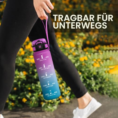 Trinkflasche 1L, Motivierende Trinkflasche mit Zeitmarkierung, Auslaufsicher, Sport Wasserflasche mit Strohhalm, Kohlensäure Geeignet… – Ansicht 3