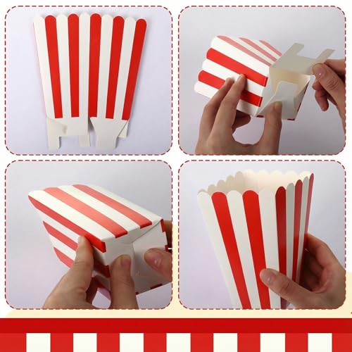 Image of 12 Pcs Paper Popcorn Boxes, Striped Popcorn Bags Decorative Containers Puffed Rice Bowl Buckets for Birthday Party Favor, Movie Nights, Party Favors, and Carnival Themed Events, Red and White