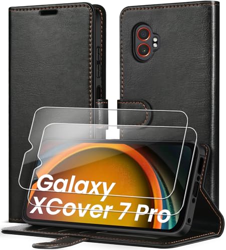 iVoler Handyhülle für Samsung Galaxy Xcover 7 Pro Mit 2 Stück Panzer Schutz Glas, RFID-Blockierung Hülle PU Leder Stoßfest Schutzhülle Magnetische Klapphülle mit Kartenfach & Standfunktion - Schwarz