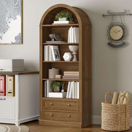 RALGEND Farmhouse Arched Bookshelf, 7 Tiers Arch Bookcase with 2