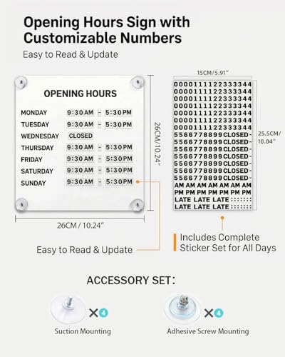 Metal Magnetic Business Hours Sign for Storefronts – Suction Cup Opening Hours Board for Glass Doors – Reusable Changeable Schedule Sign with Magnetic Numbers for Shops, Cafés, Salons & Offices - Thumbnail 5