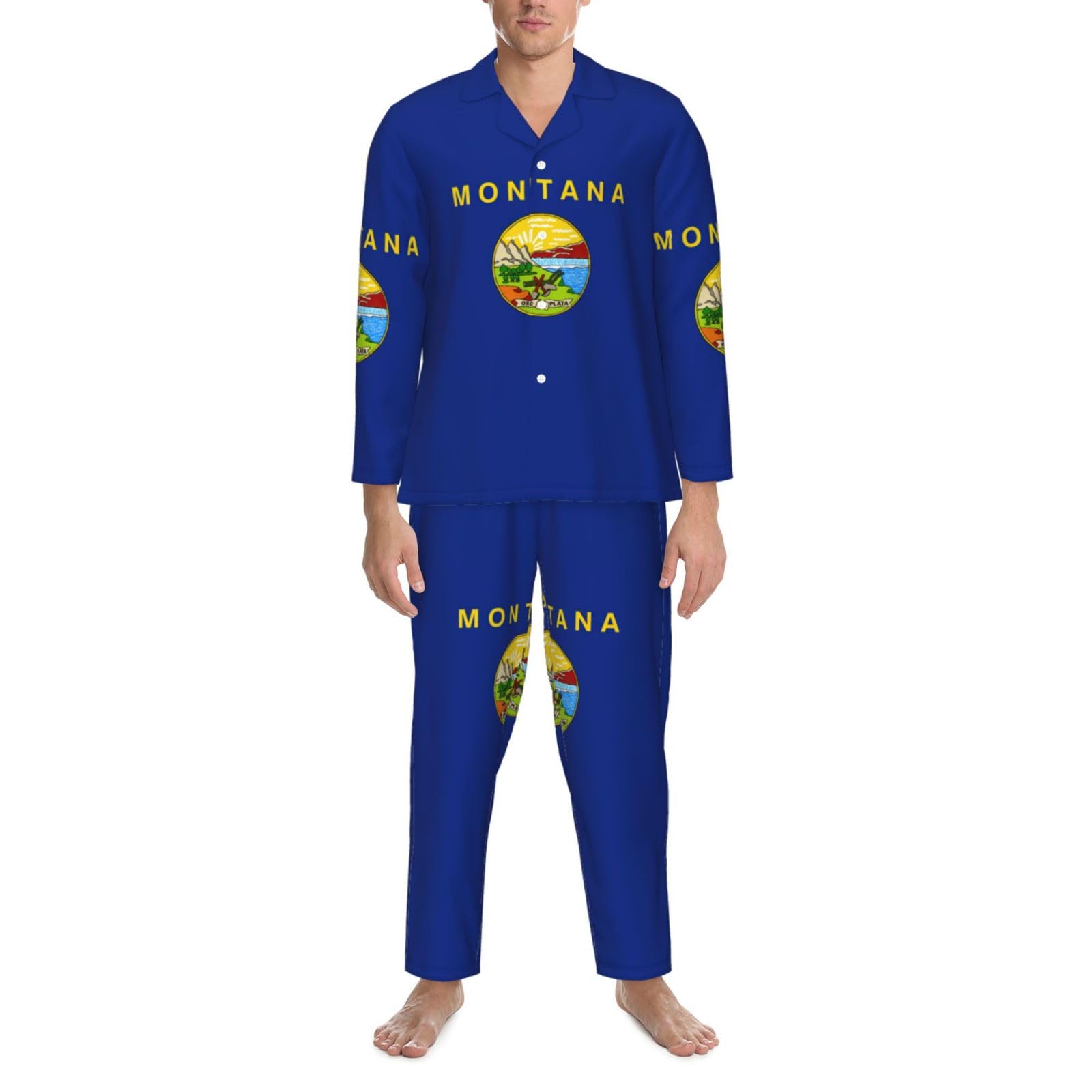 Herren-Pyjama-Set mit Montana-Flagge, langärmelig, Nachtwäsche, zweiteilig, Lounge-Set, atmungsaktiv