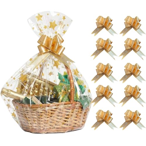 Dimetey Large Clear Cellophane Gift Basket Bags with Pull Bows Gold Star Design 70x50cm for Birthdays Annivesary Christmas Holiday Small Business All Occassion