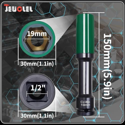Image of 19mm 1 /2 inch Extra-Long Wheel Protector Impact Socket, Lug Nut Removal | 6 Point, Non-Marring, Thin Wall, Deep Socket, Wheel Protector, Protective Socket, Color-Coded, Cr-Mo Steel, Hand Repair Tool