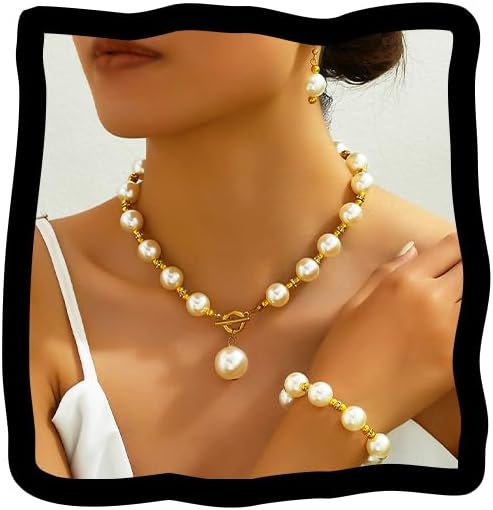 ACEDRE Pearl Jewelry Set Gold Chunky Pearls Necklace Sets for Women