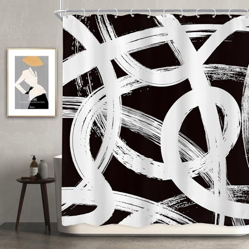 White Black Abstract Geometric Simple Sketch Bathroom Shower Curtain Set