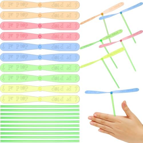 NUOBESTY 40pcs Hand Helicopter Set, Bamboo Dragonfly Helicopter Toy 40 Propeller 40 Rod Flying Props Hand Flying Disc Launcher