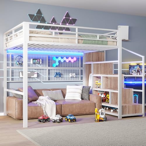 Kebnor Letto a soppalco, 140 x 200 cm, telaio in ferro, armadio, scala per appendere oggetti, spazio libero sotto il letto, bianco (senza materasso)