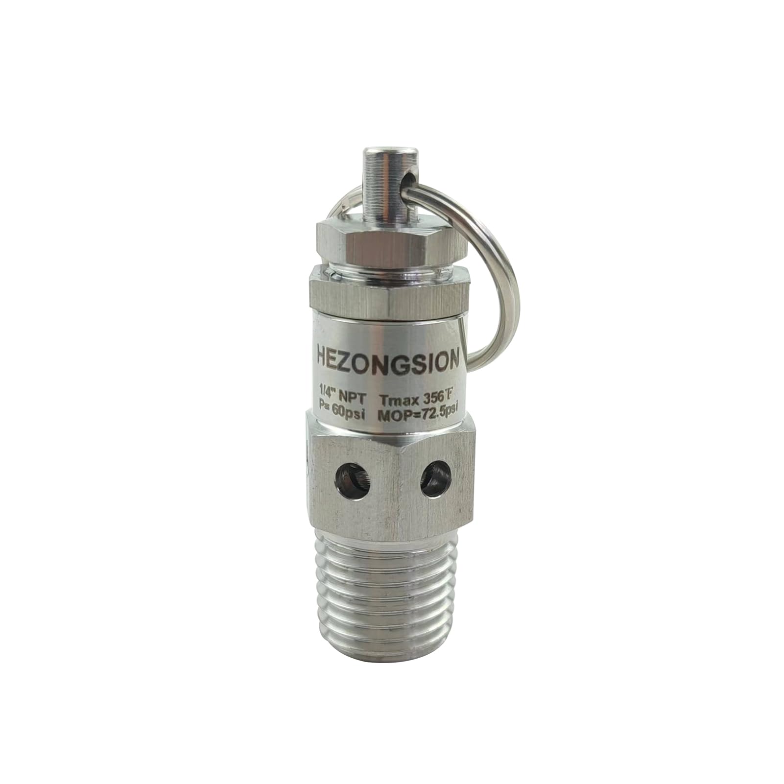 HEZONGSIONMini 1/4" NPT Male Adjustable Pressure Relief Valve SS304 Stainless Steel PRV Safety Valve with Lock, 60psi Set Pressure,40-75psi Adjustable Pressure Range