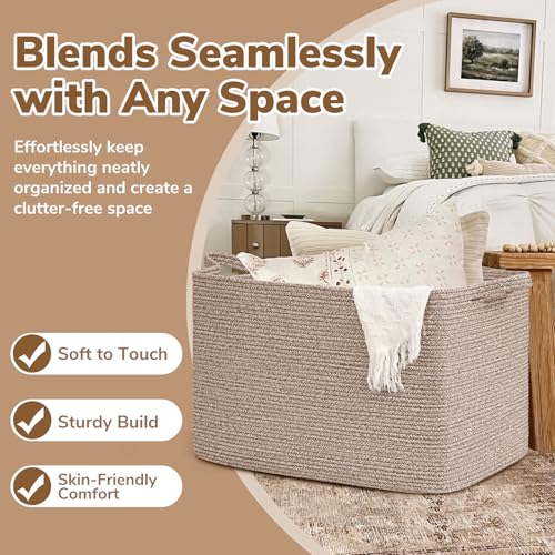 Image of Goodpick 105L Extra Large Woven Rope Blanket Basket, Rectangle, Brown | 25'' x 16'' x 16'' Storage Basket for Blankets, Clothes & Pillows, Living Room & Bedroom Organization, Reinforced Handles