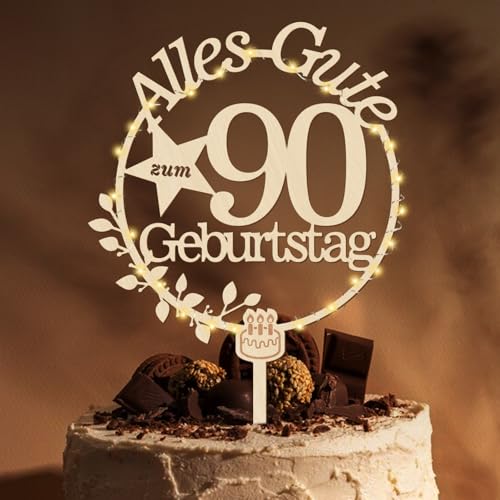 Giftota Cake Topper 90. Geburtstag Holz mit LED Lichterkette - 90. Geburtstag Deko Frauen Männer - Tortendeko 90 Geburtstagsdeko - 90 Geburtstagsdeko