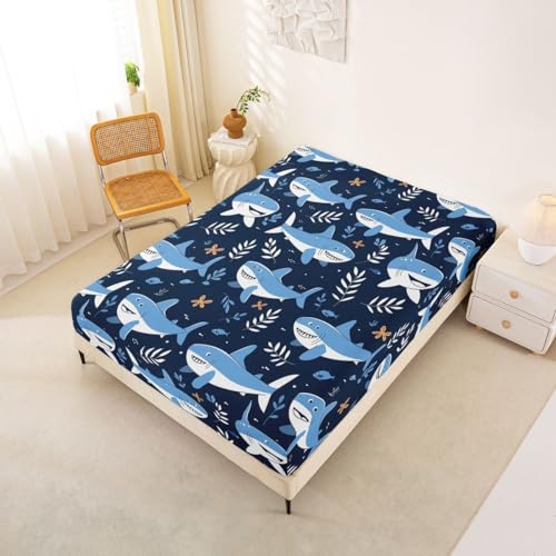 Image of jejeloiu Shark Bed Sheets Set Queen Size Ocean Decor Deep Pocket Fitted Sheet Sea Animal Bedding Sets Marine Life Soft Bed Set 4Pcs with 2 Pillow Cases