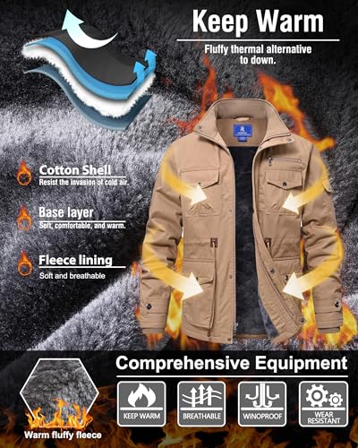Image of Rapoo Men's Winter Jacket Cotton Work Military Jackets Fleece Lined Thick Warm Cargo Coats with Hooded
