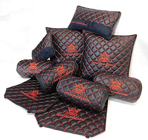 Cobra Auto Accessories Black and RED Diamond JDM VIP CAR Interior Seat Back and Neck Pillows Set 10