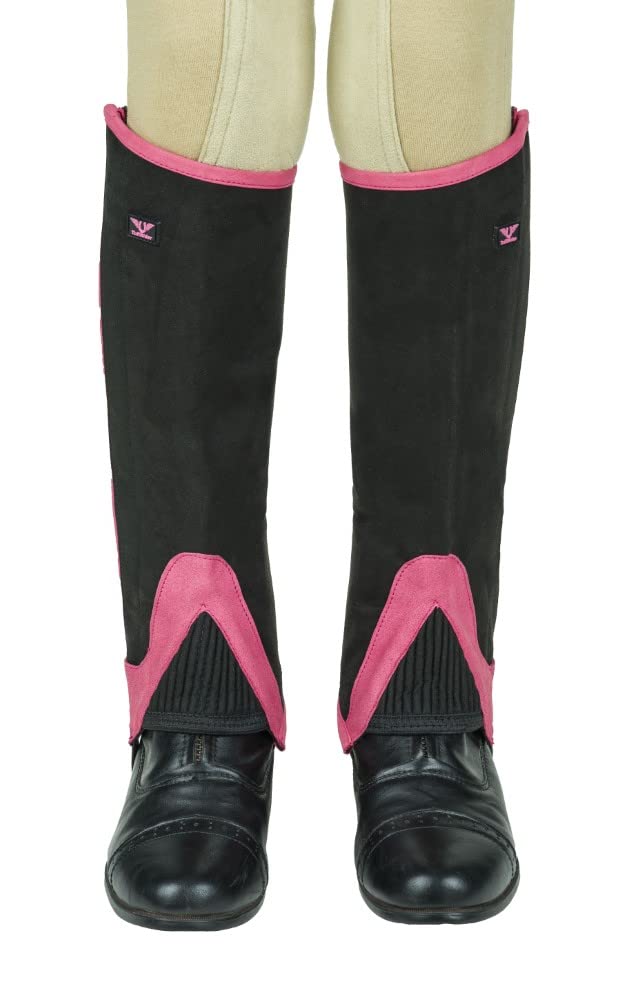TuffRider Children's Keeneland Synthetic Half Chaps- Black w/Hot Pink- S