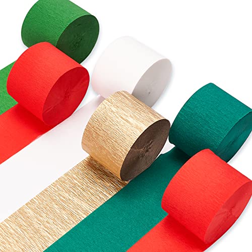 Image of PartyWoo Crepe Paper Streamers 6 Rolls 492ft, Pack of Green, Red, Gold, White Party Streamers for Christmas Decorations, Streamers Party Decorations, Holiday Decorations (1.8 Inch x 82 Ft /Roll)
