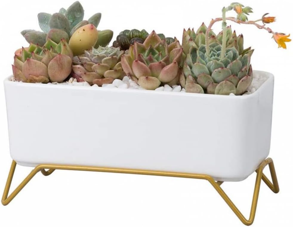 Ceramic Flower Pots with Iron Holder Succulents Pot Rectangular Planters Desktop Succulents Herbs Plants Planters Containers Balcony Garden Decoration