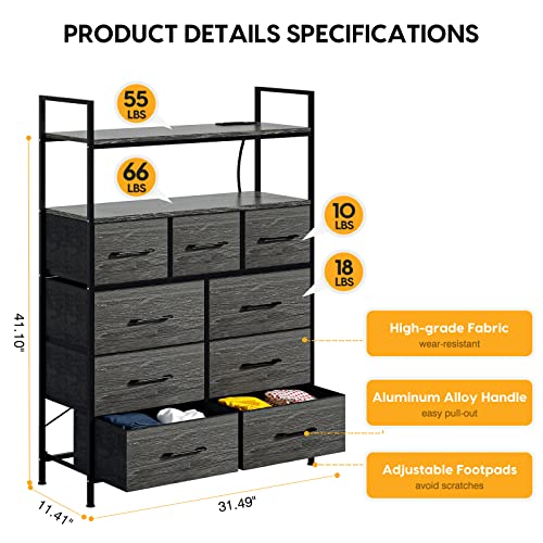 Wasagun Dresser For Bedroom In Closet Dresser 9 Fabric Drawers Dresser With Outlet For Small Space Office Kids Teens Room Entry Black Grey Wood Grain #TOP4