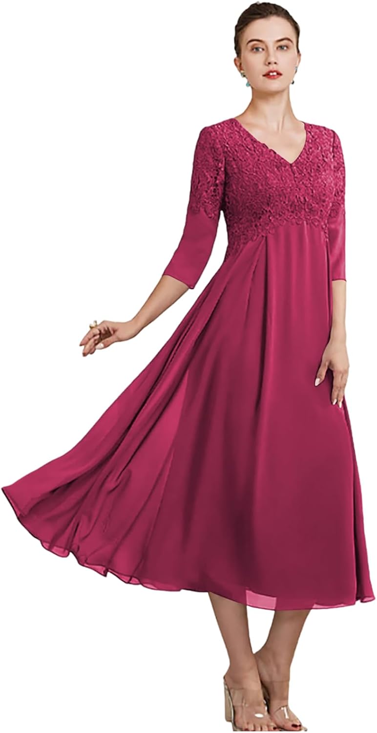 Classy Tea Length Mother of The Bride Dresses for Wedding Elegant A Line Lace 3/4 Sleeve Formal Wedding Guest Dress