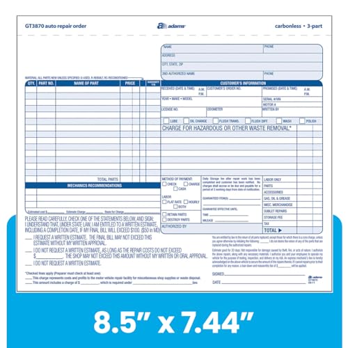 adams auto repair order forms 85 x 744 inch 3-part carbonless 50-pack white and canary gt3870