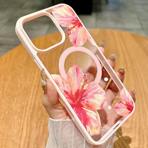 HYUEKOKO Magnetic for iPhone 15 Case [Compatible with MagSafe] Cute Trendy Hibiscus Flower Pattern Design for Summer Hawaiian, Translucent Shockproof Protective Case for Girls Women-Pink