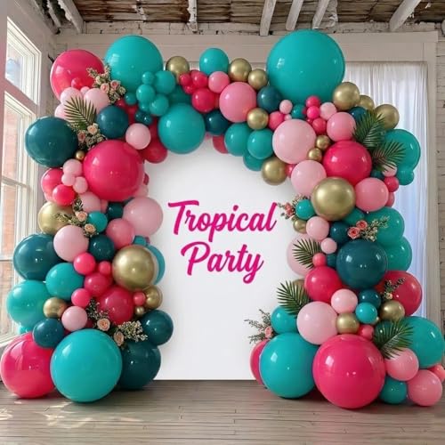 Image of Teal Blue Pink Balloon Garland, Double Stuffed Hot Light Pink Dusty Blue Gold Balloon Arch Kit for Summer Birthday Baby Shower Gender Reveal Tropical Party Decoration