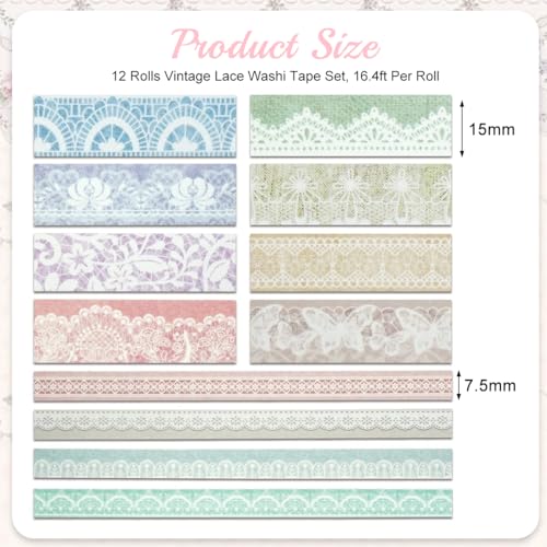 Image of HASTHIP Washi Tape - 12 Rolls Vintage Lace Washi Tape Set Decorative Japanese Masking Paper Tapes for Scrapbooking Washis Tapes Floral for Planners, Card, Gift Wrapping, DIY Decoration