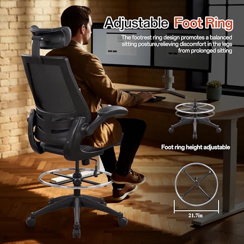 Image of BOLISS Tall Ergonomic Office Chair, Sustainable Tech-Leather Drafting Chair with Adjustable Foot Ring, 90 Flip-Up Arms Space Saving Mesh Computer Desk Chair for Standing Desk Executive Work 8+ Hours