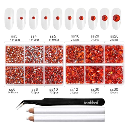 Image of Beadsland Flatback Rhinestones, Hyacinth, 8300pcs Mixed 10 Sizes | Crystal Rhinestone Round, for Crafts Nails,With Wax Pencil and Tweezers Kit, SS3-SS30, Orange