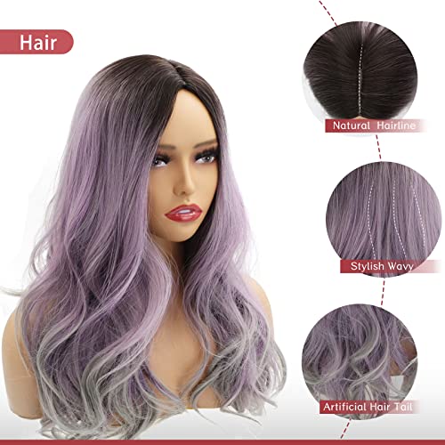 Long Ombre Purple Wavy Wig For Women, 26 Inch Middle Part Wavy Wigs, Synthetic Heat Resistant Purple Wig For Halloween, Cosplay Party(Ombre Purple) #TOP2