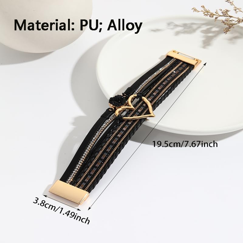 Women's Gray Bohemian Multilayer PU Leather Bracelet with Heart Charm Strong Clasp Handmade Boho Bracelet Gift for Women - Image 2