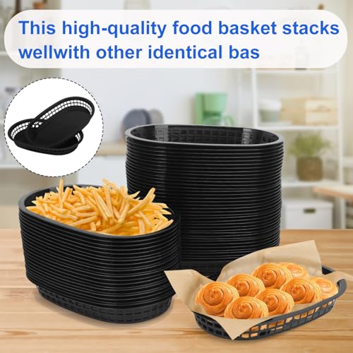 KUKLIPJIM 50 Pack Fast Food Baskets, 10.6 x 6.7 Inch Black Plastic food Baskets, Food Service Tray for Burgers, Sandwiches, Hot Dogs, Picnics, Parties, Durable and Safe(50 Sheets Deli Liners paper)