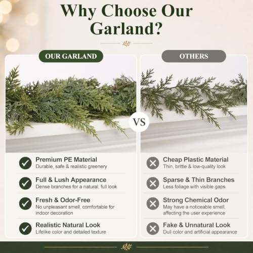9FT Christmas Cedar Garland, Real Touch Soft Greenery Christmas Decorations | Realistic Thick Full Lush Artificial Pine Winter Garland for Mantle, Stairs, Table, Window, Front Door, Indoor Home Decor - image 3